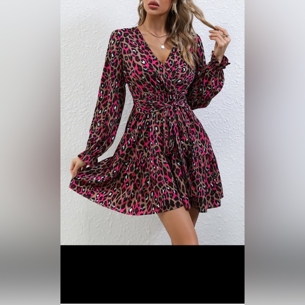SHEIN Pink Leopard Print Wrap Mini Dress